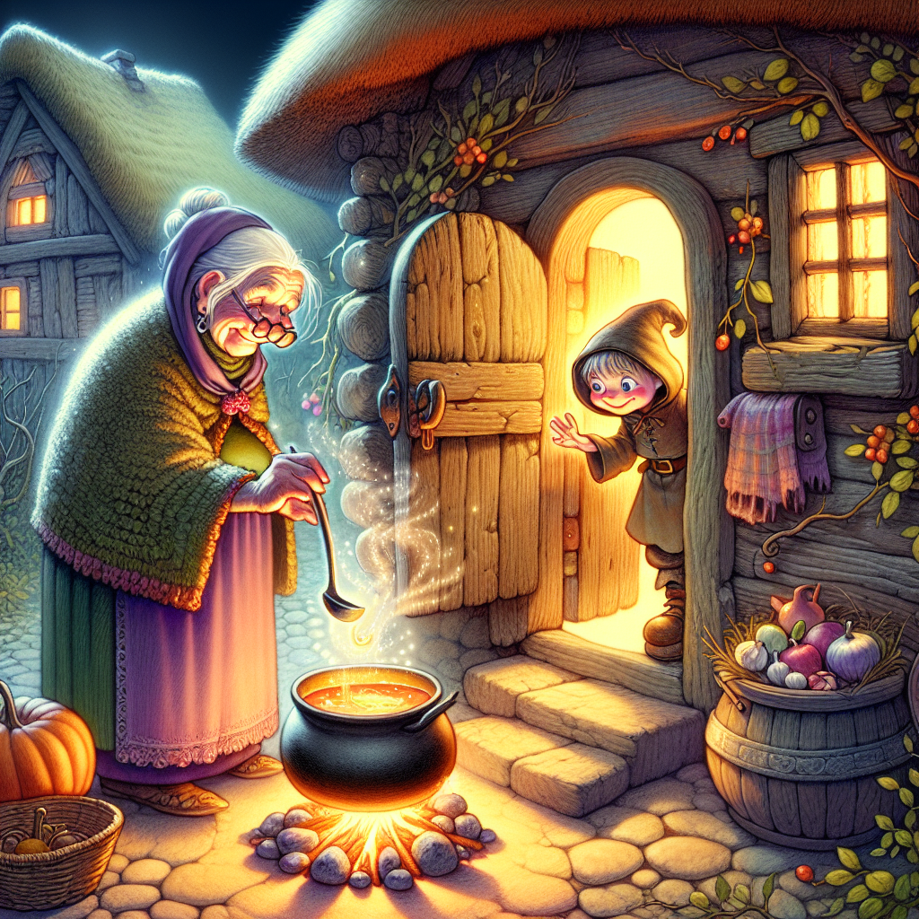 Colorful children's illustration for the story: The Nail Soup