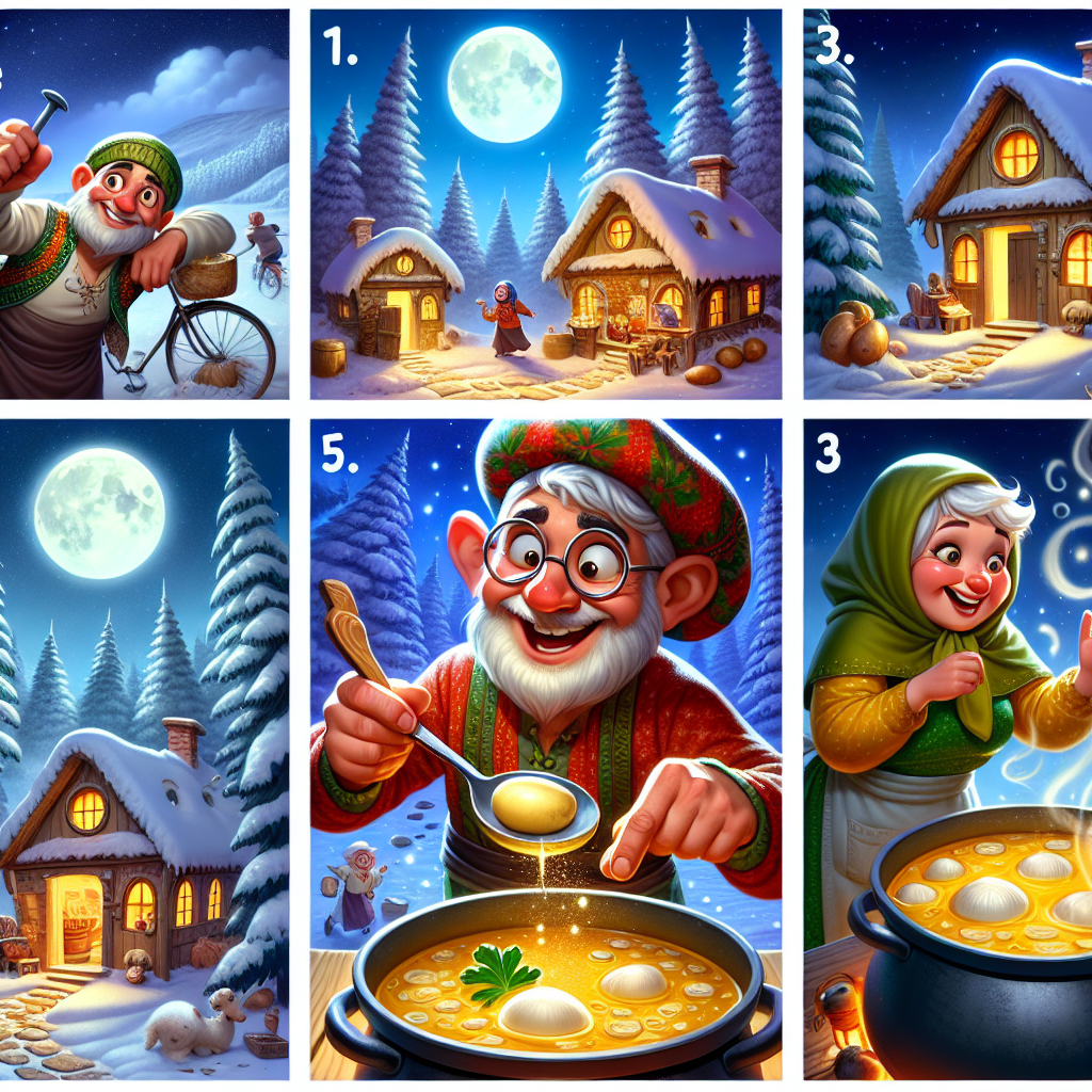 Colorful cartoon storyboard showing 8 key scenes from The Nail Soup