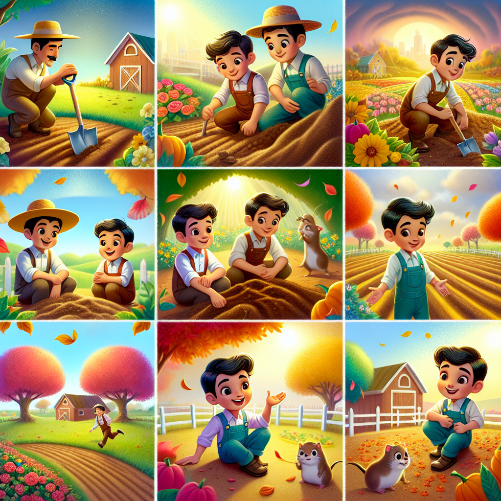 Colorful cartoon storyboard showing 8 key scenes from The Hardworking Farmer