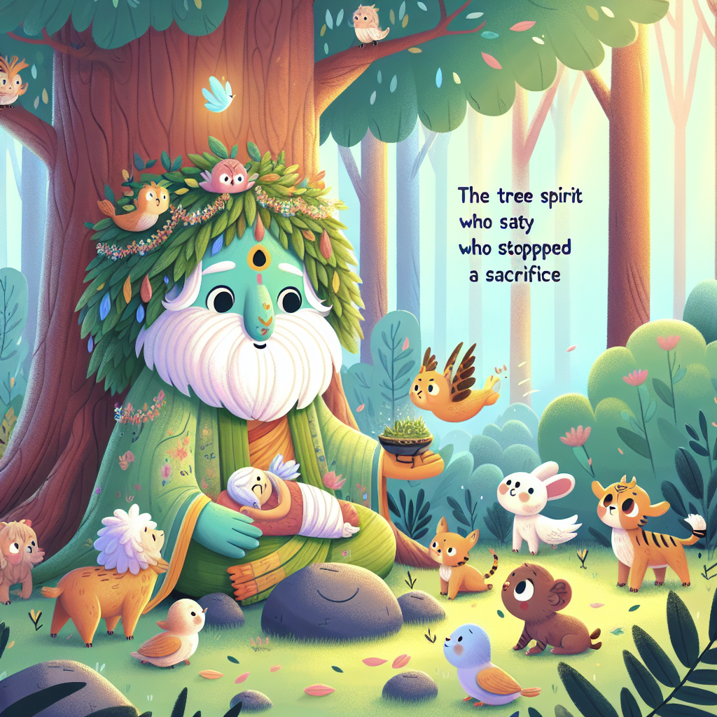 Colorful children's illustration for the story: The Banyan Tree Spirit