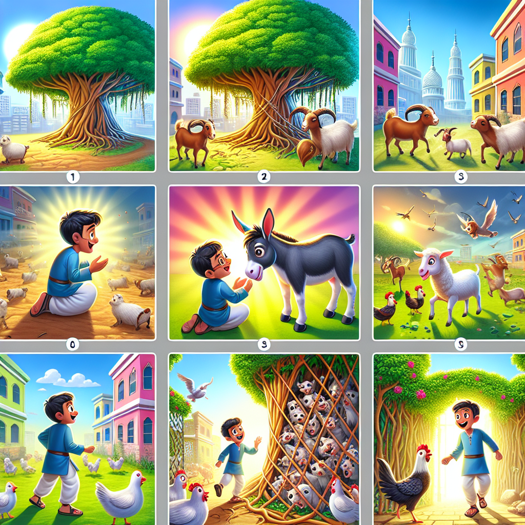 Colorful cartoon storyboard showing 8 key scenes from The Banyan Tree Spirit