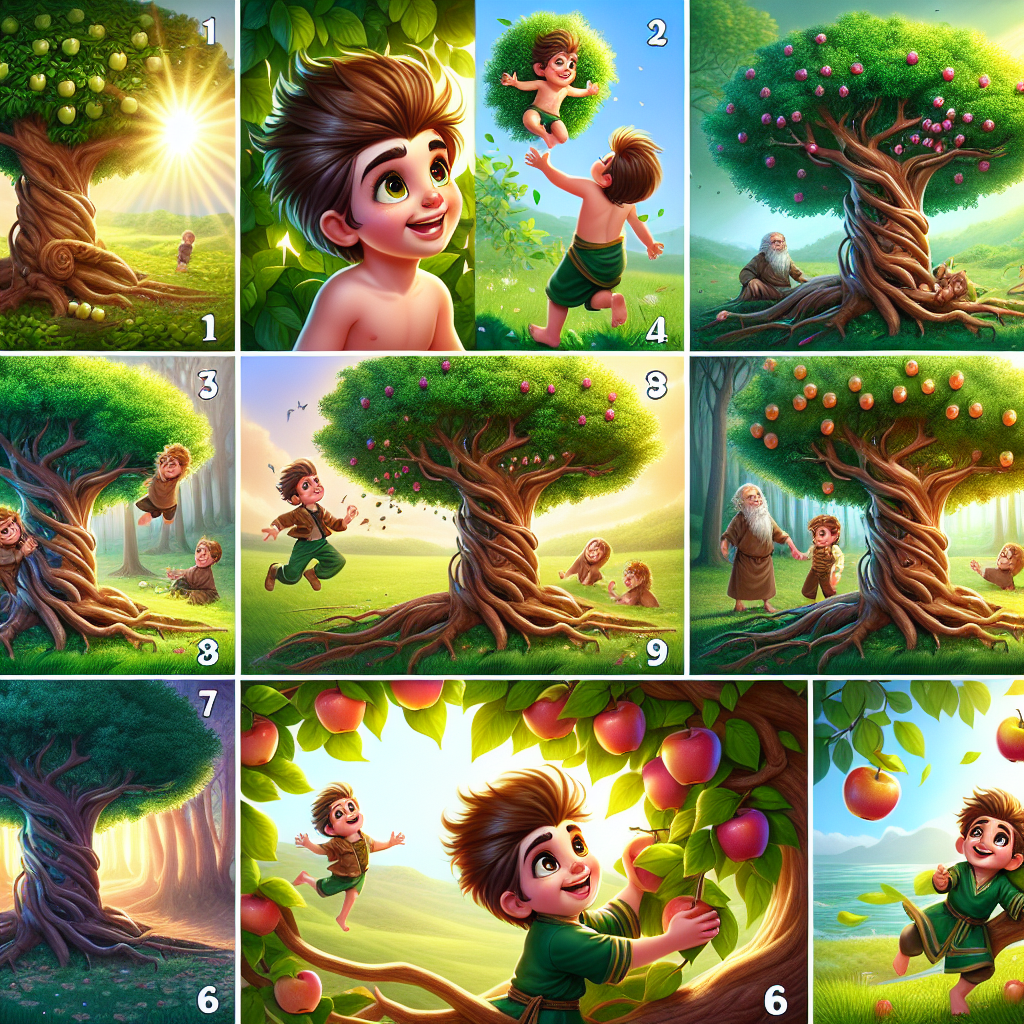 Colorful cartoon storyboard showing 8 key scenes from The Giving Tree