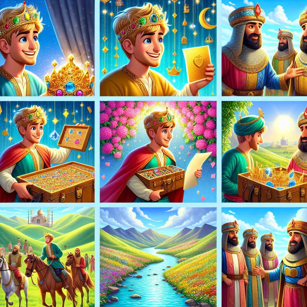 Colorful cartoon storyboard showing 8 key scenes from The True King of Iran