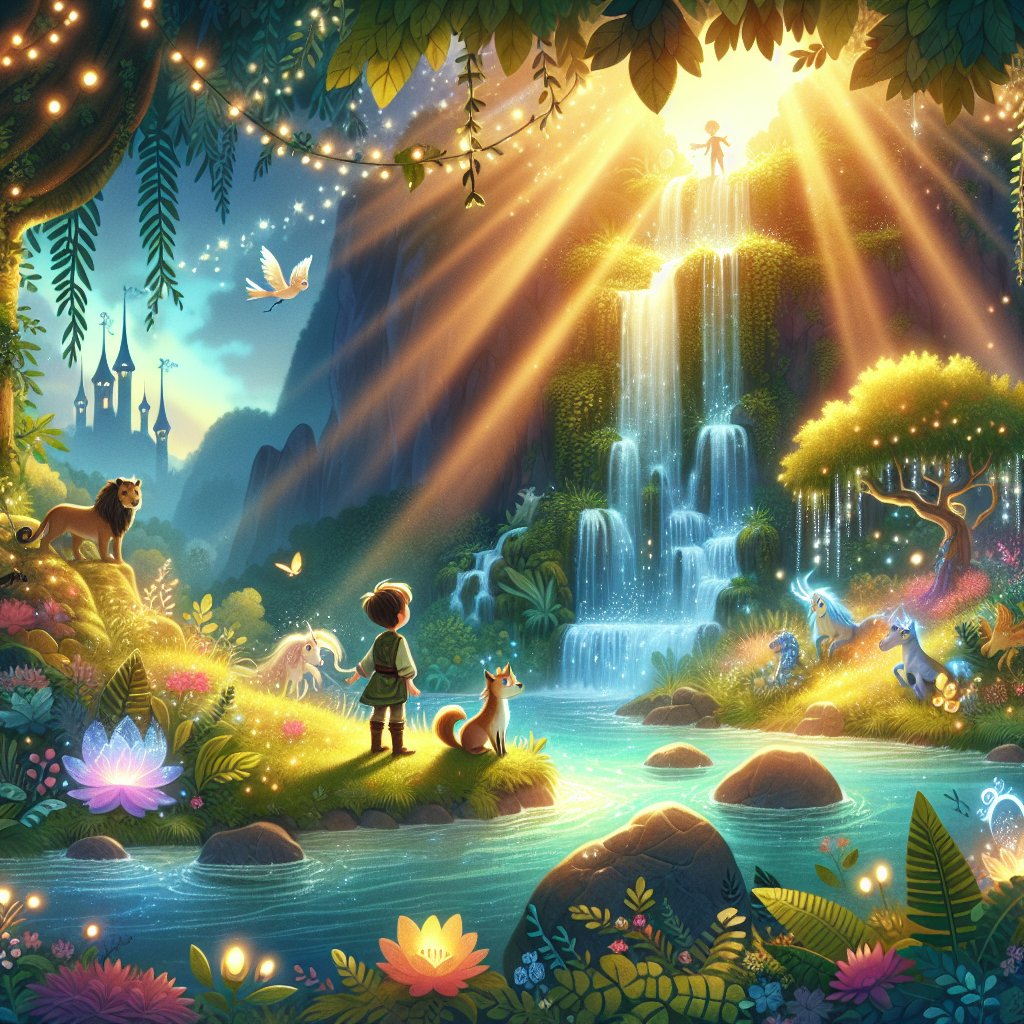 Colorful children's illustration for the story: The Tsar's Son and the Magic Island