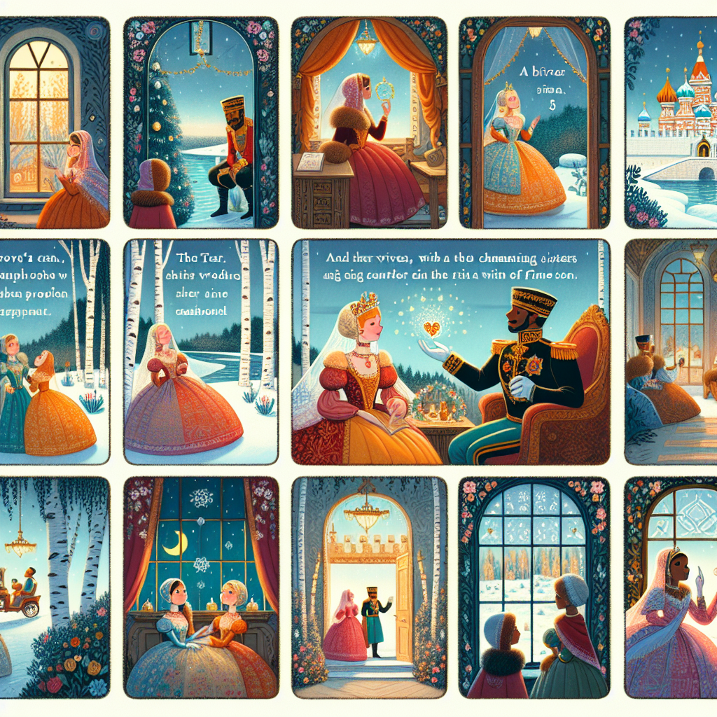 Colorful cartoon storyboard showing 8 key scenes from The Tsar's Son and the Magic Island