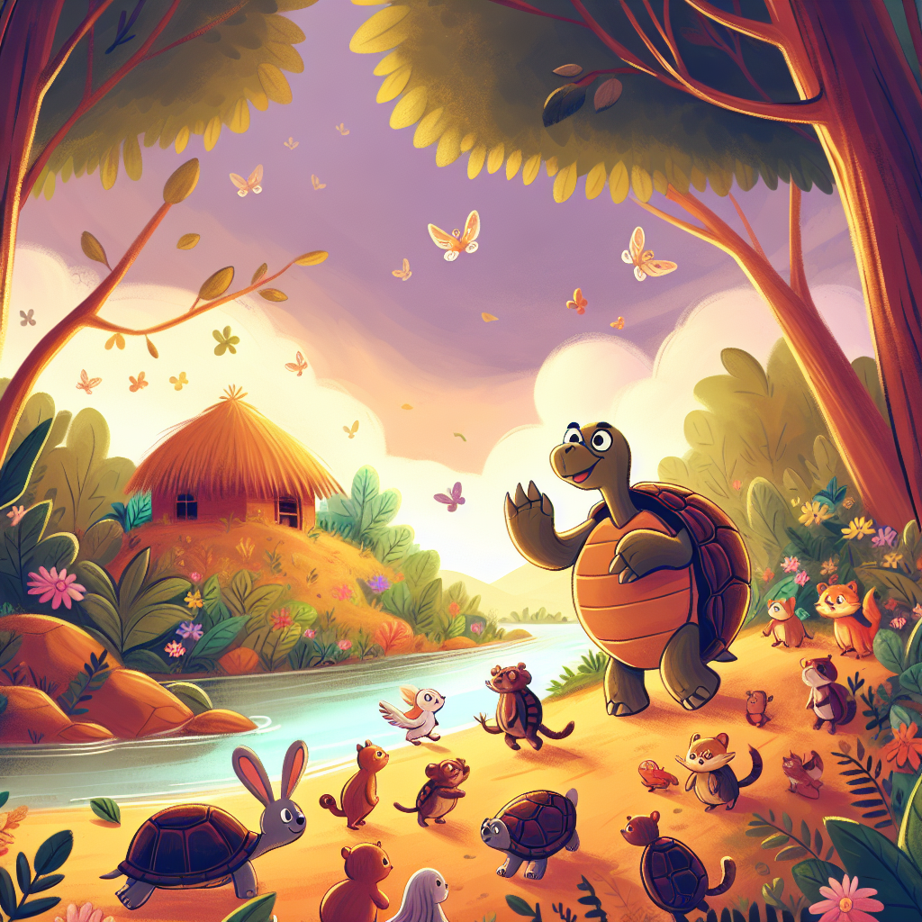 Colorful children's illustration for the story: The Turtle and the Geese