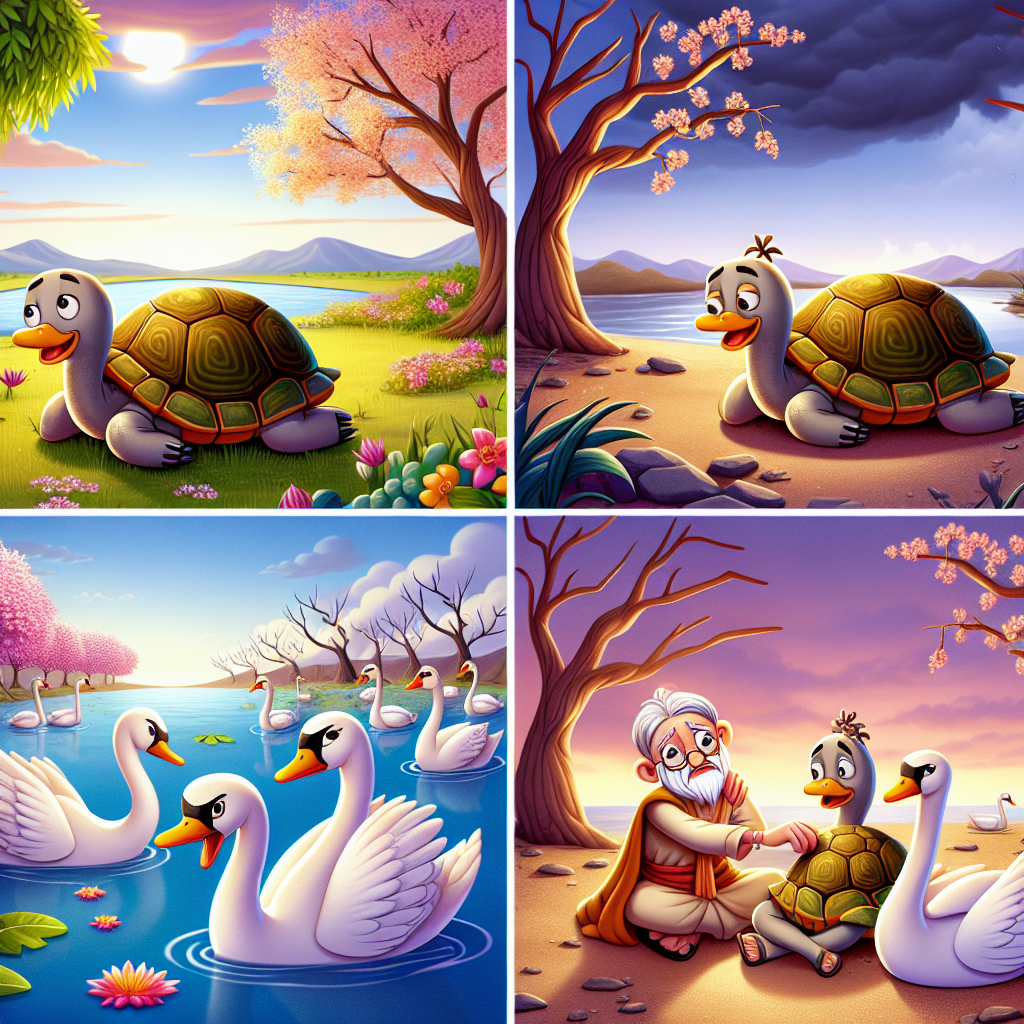 Colorful cartoon storyboard showing 8 key scenes from The Turtle and the Geese