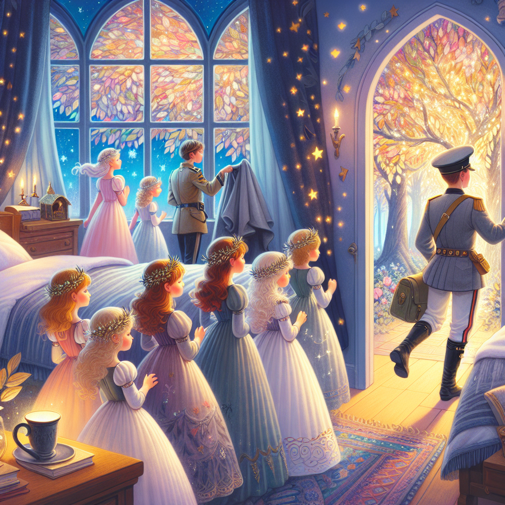 Colorful children's illustration for the story: The Twelve Dancing Princesses