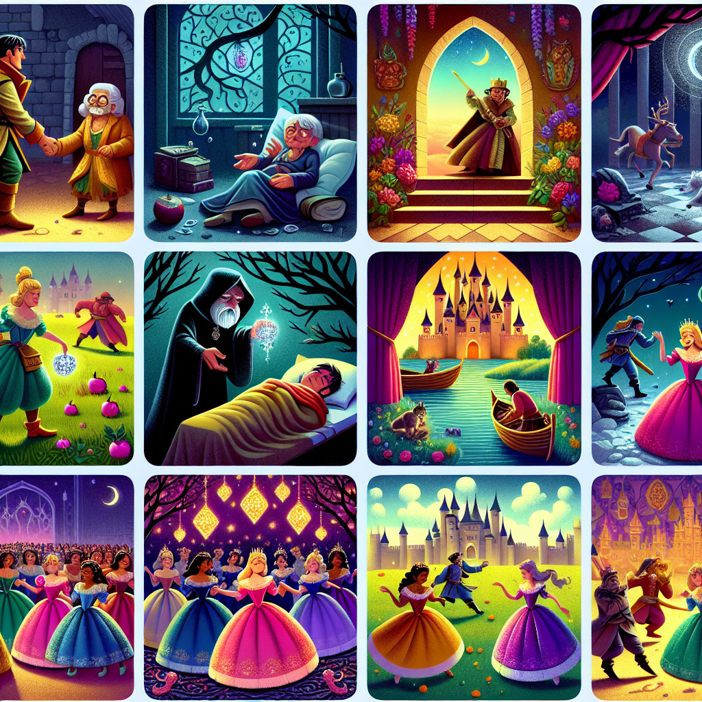 Colorful cartoon storyboard showing 8 key scenes from The Twelve Dancing Princesses