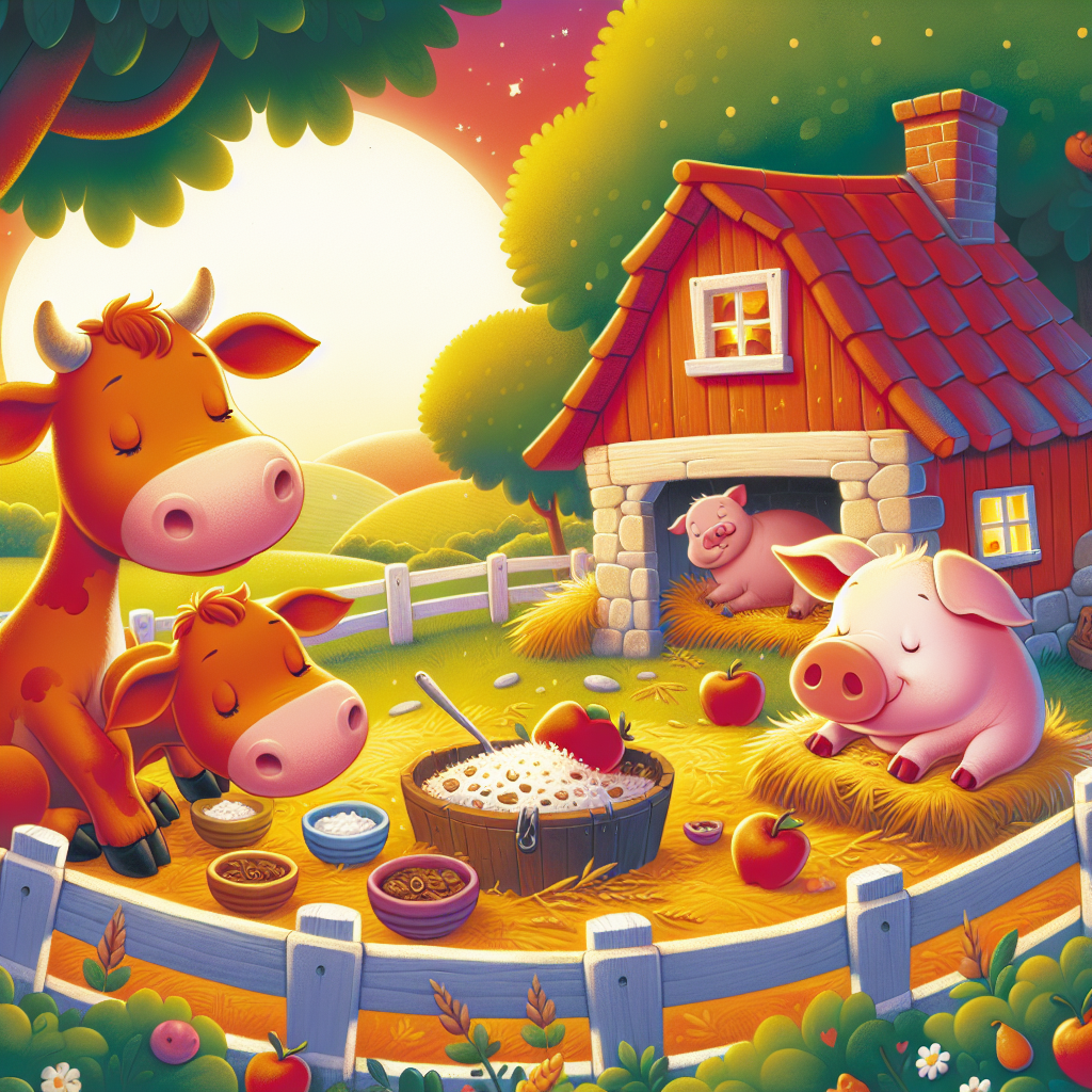 Colorful children's illustration for the story: The Two Calves and the Pig