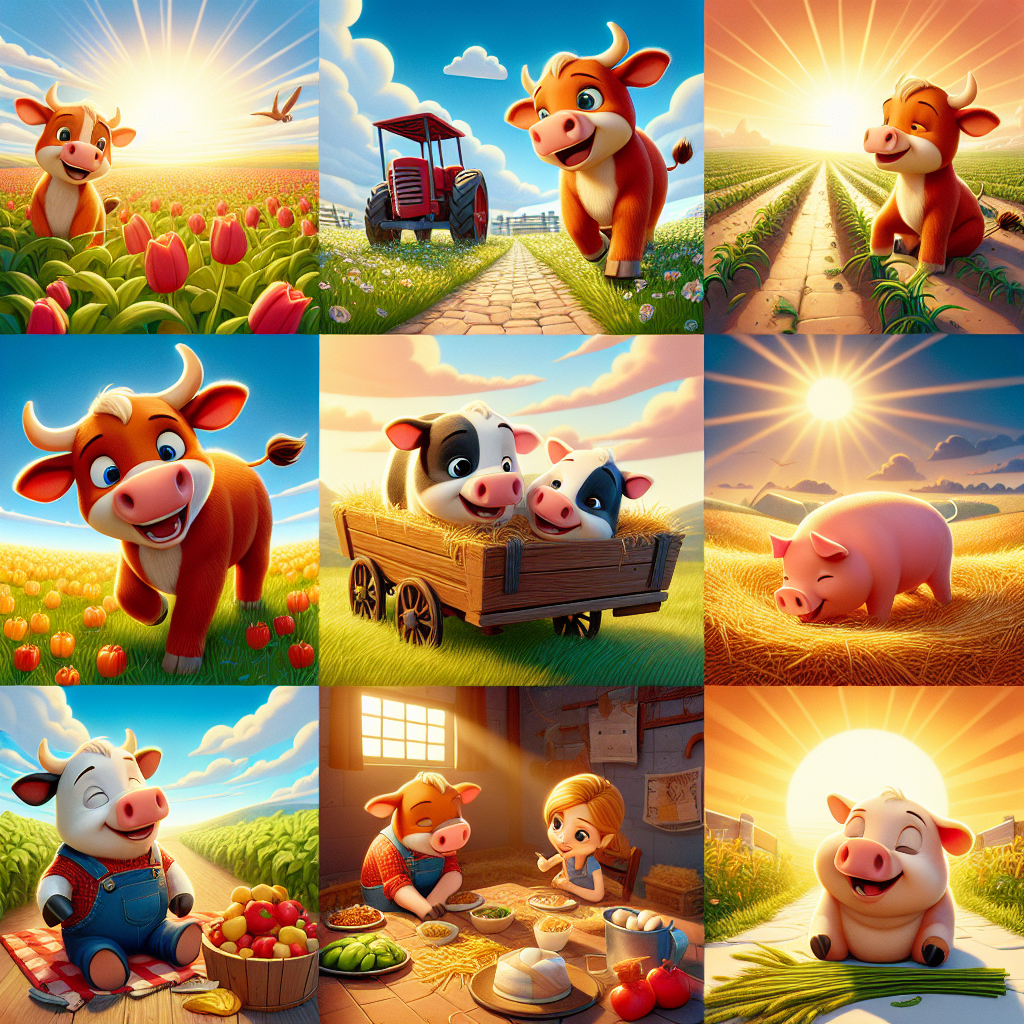 Colorful cartoon storyboard showing 8 key scenes from The Two Calves and the Pig