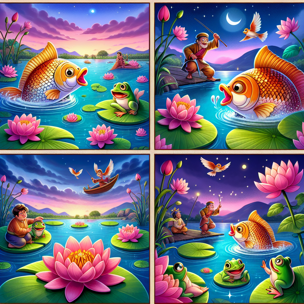 Colorful cartoon storyboard showing 8 key scenes from The Two Clever Fish