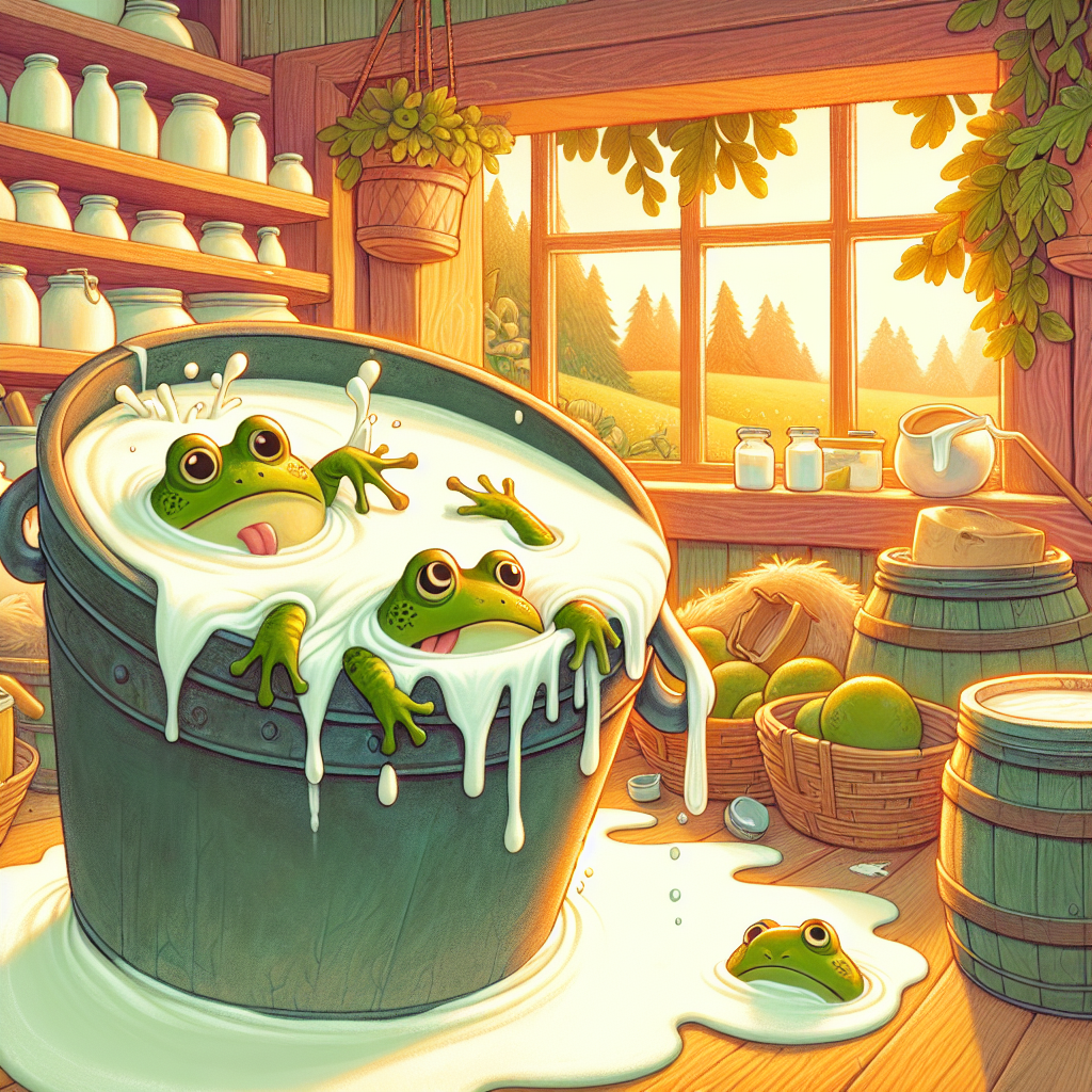 Colorful children's illustration for the story: The Frogs and the Cream
