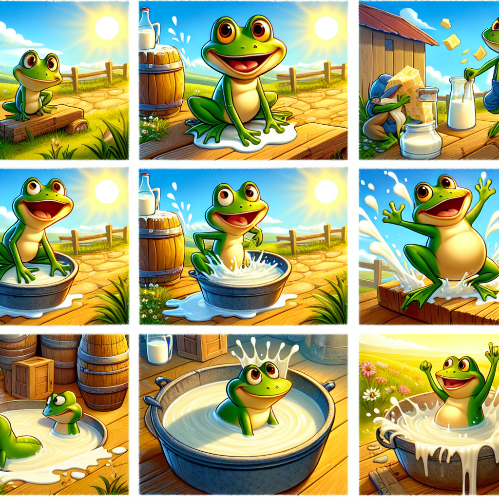 Colorful cartoon storyboard showing 8 key scenes from The Frogs and the Cream