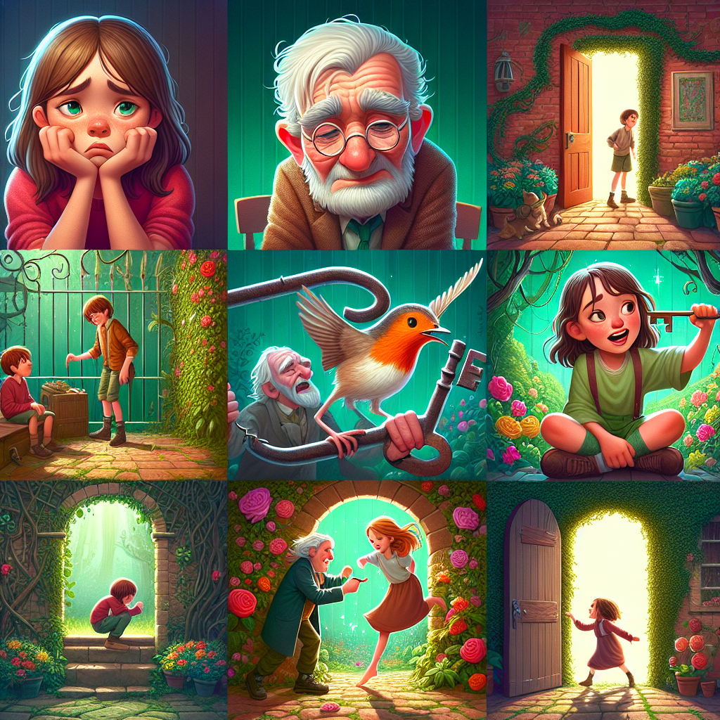 Colorful cartoon storyboard showing 8 key scenes from The Secret Garden