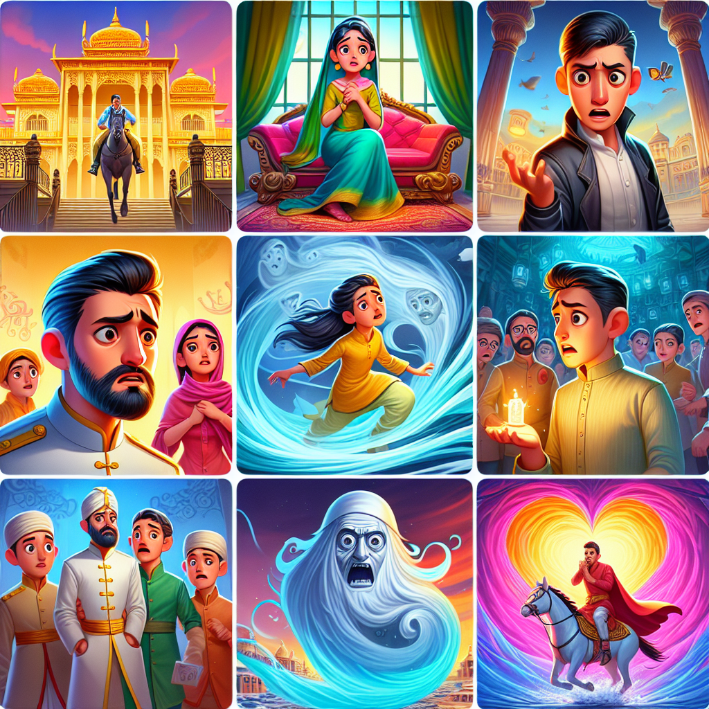 Colorful cartoon storyboard showing 8 key scenes from The Two Loyal Servants