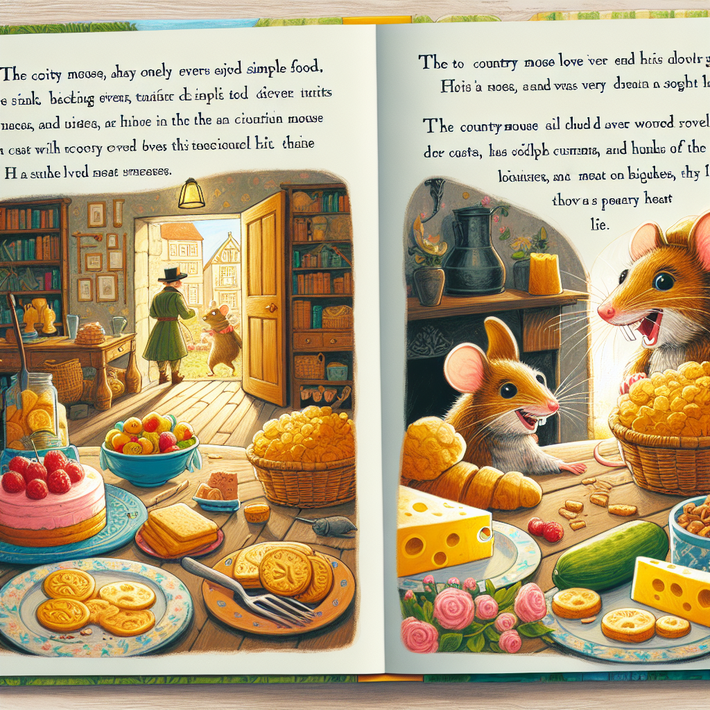 Colorful children's illustration for the story: The Town Mouse and the Country Mouse