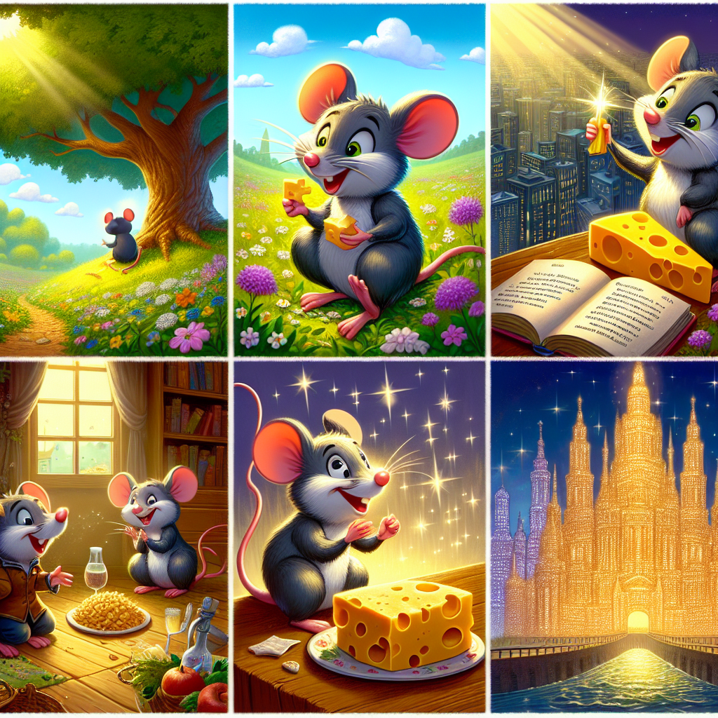 Colorful cartoon storyboard showing 8 key scenes from The Town Mouse and the Country Mouse