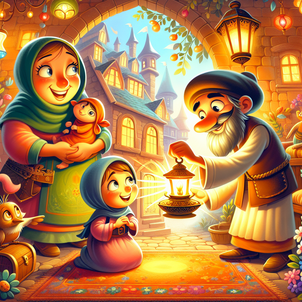 Colorful children's illustration for the story: The Wishing Lamp