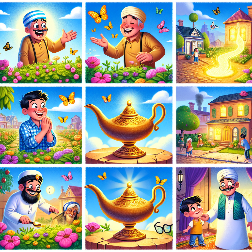 Colorful cartoon storyboard showing 8 key scenes from The Wishing Lamp