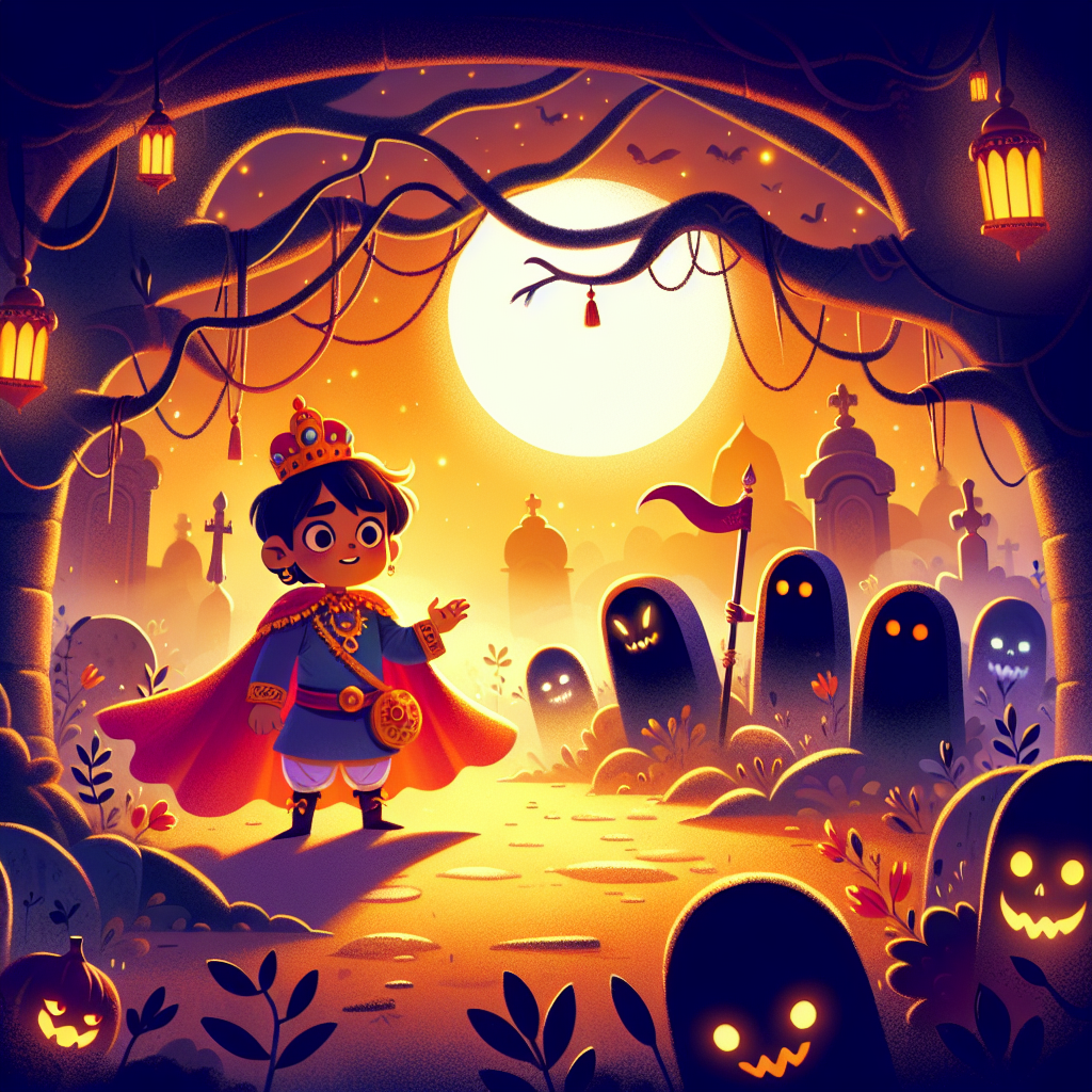 Colorful children's illustration for the story: The Two Shadows in the Graveyard