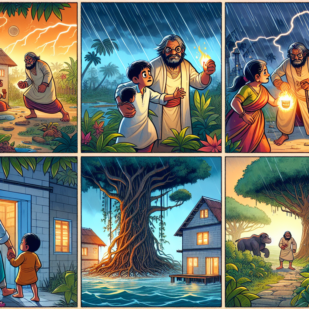 Colorful cartoon storyboard showing 8 key scenes from The Two Shadows in the Graveyard