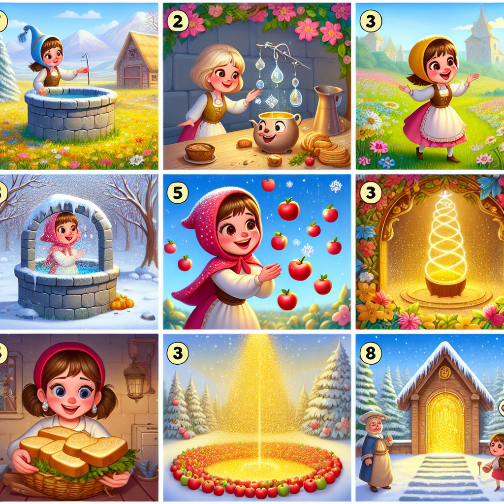Colorful cartoon storyboard showing 8 key scenes from The Two Sisters and the Golden Gate