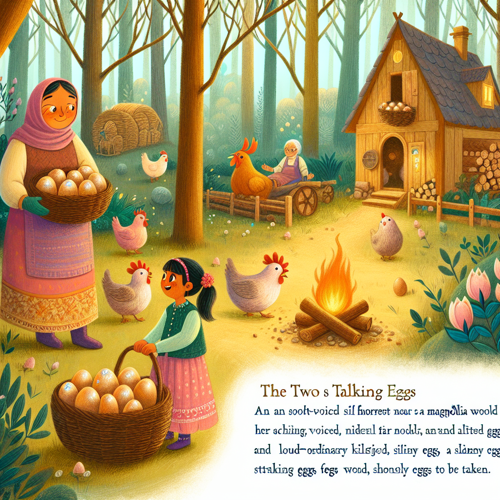 Colorful children's illustration for the story: The Two Sisters and the Talking Eggs