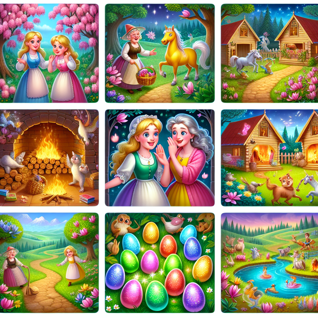 Colorful cartoon storyboard showing 8 key scenes from The Two Sisters and the Talking Eggs