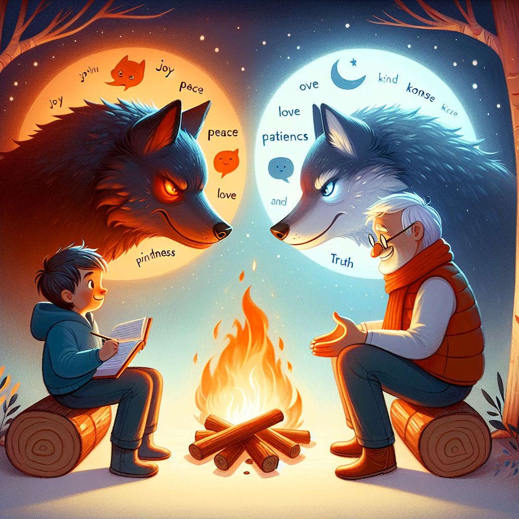 Colorful children's illustration for the story: The Two Wolves Within Within Within