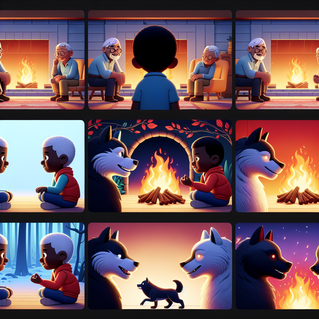 Colorful cartoon storyboard showing 8 key scenes from The Two Wolves Within Within Within Within