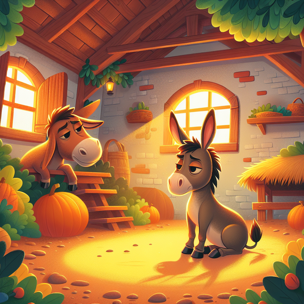 Colorful children's illustration for the story: The Donkey and the Load of Gold