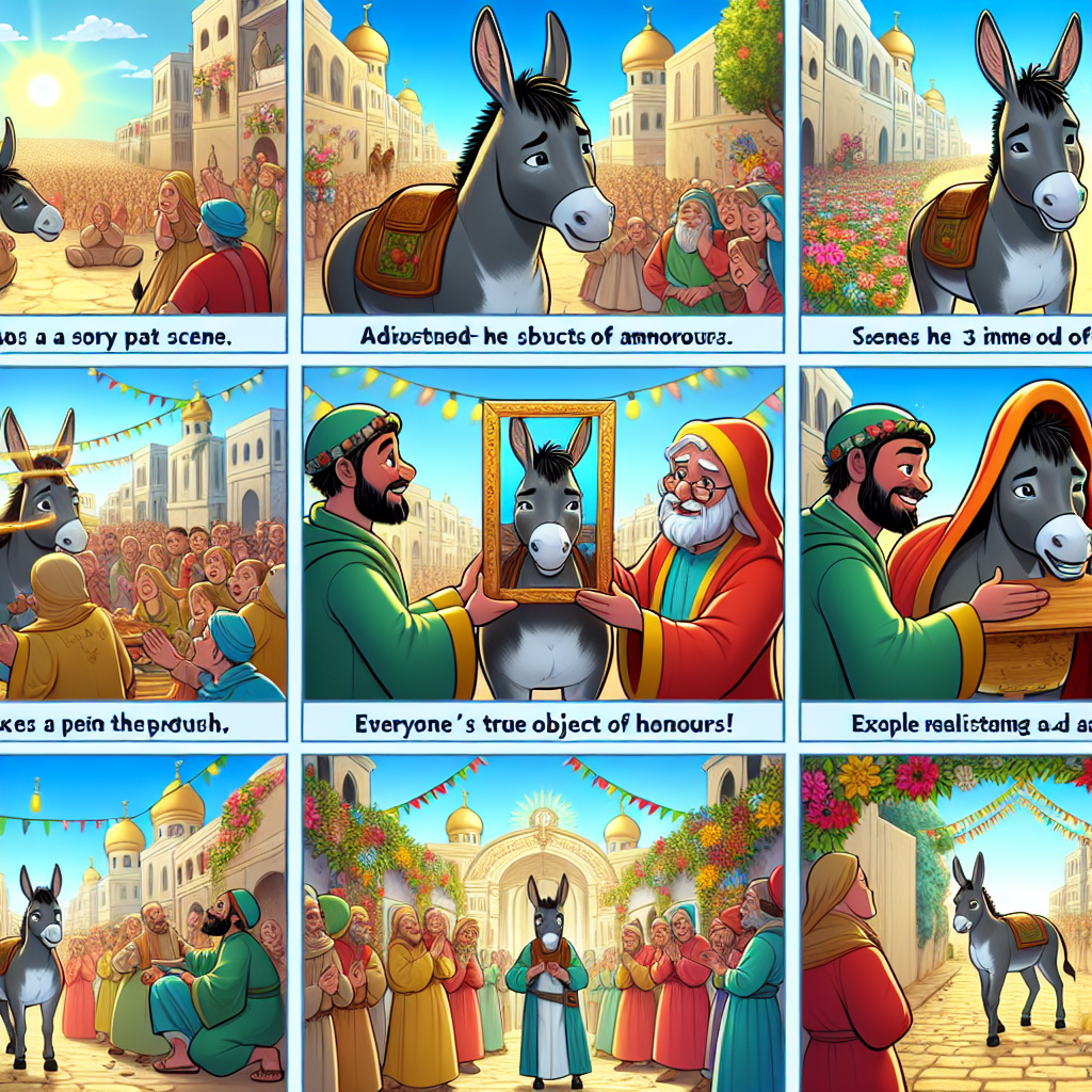 Colorful cartoon storyboard showing 8 key scenes from The Donkey and the Load of Gold