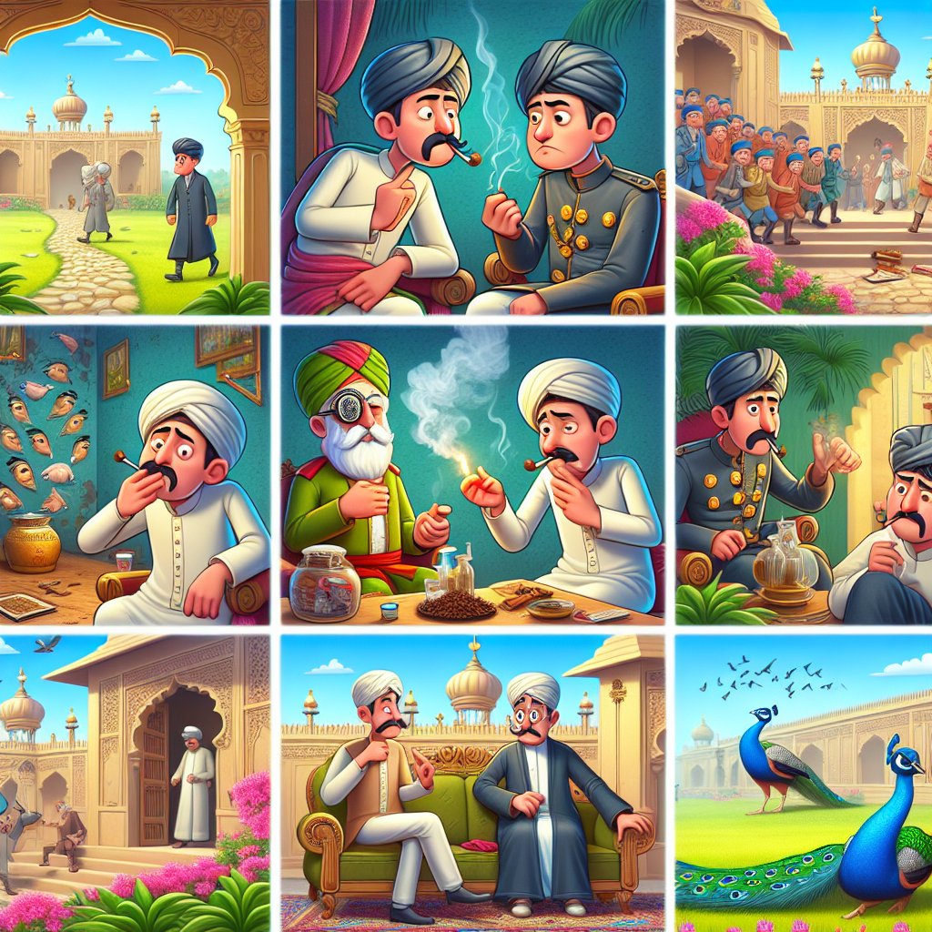 Colorful cartoon storyboard showing 8 key scenes from Birbal's Cleverness