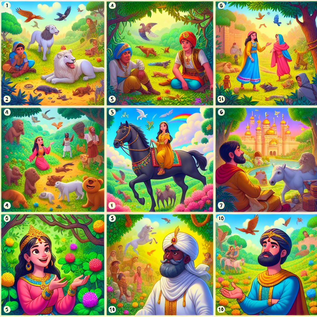 Colorful cartoon storyboard showing 8 key scenes from The Vanishing Princess