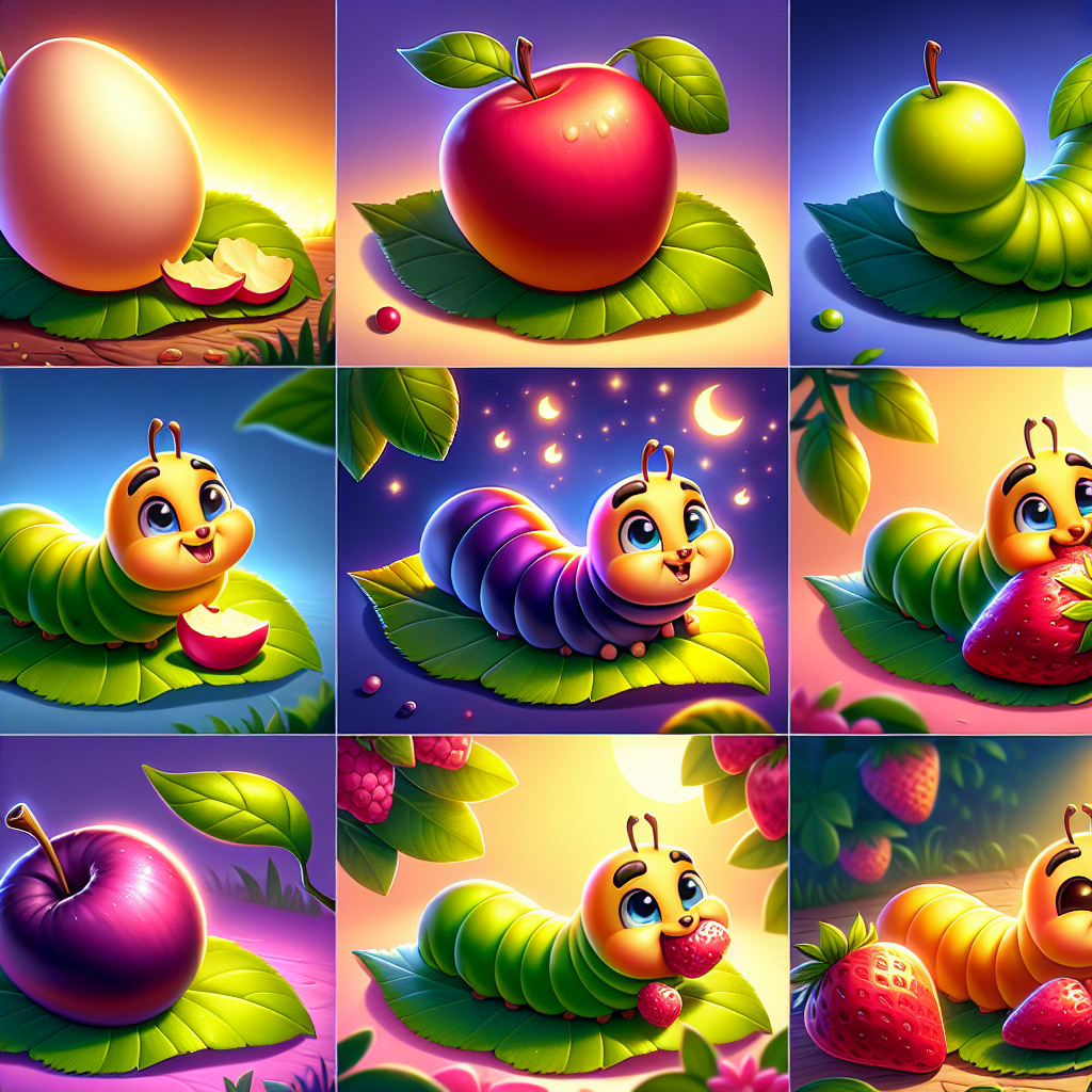 Colorful cartoon storyboard showing 8 key scenes from The Very Hungry Caterpillar