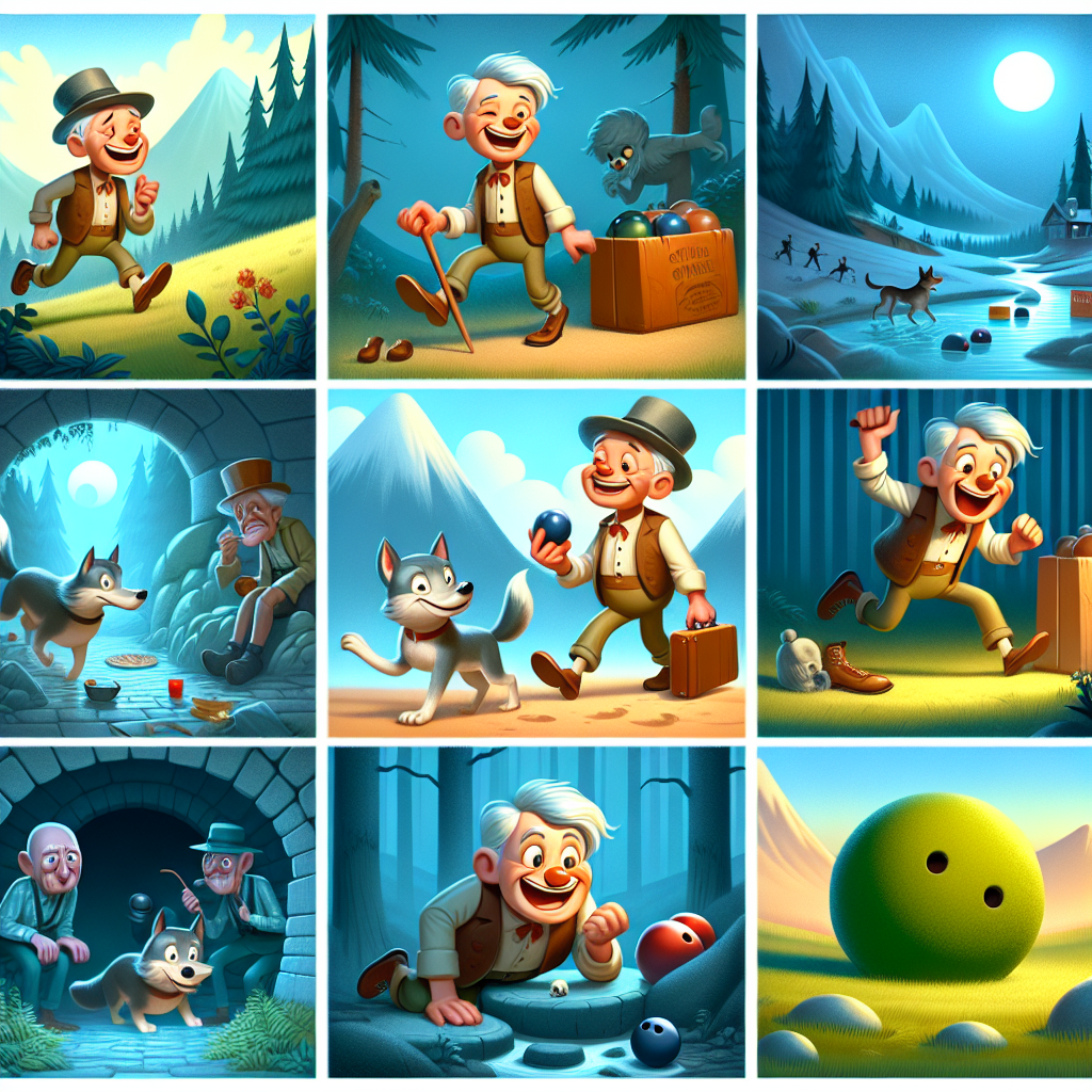 Colorful cartoon storyboard showing 8 key scenes from Rip Van Winkle's Long Nap
