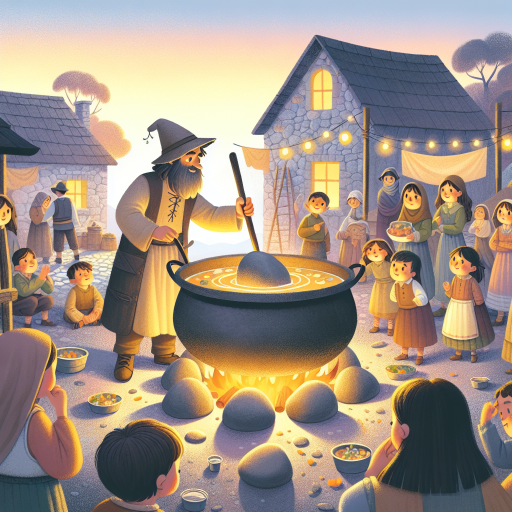 Colorful children's illustration for the story: The Stone Soup