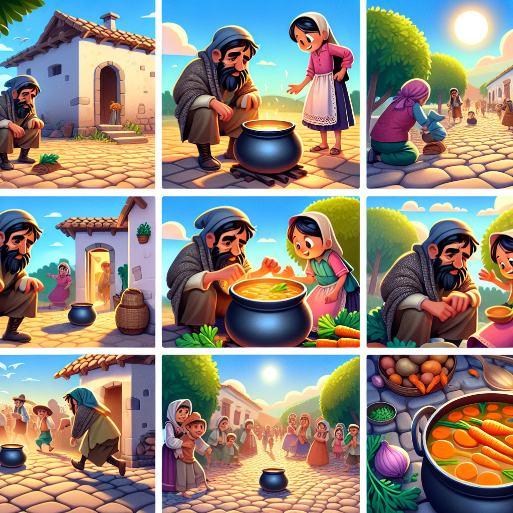 Colorful cartoon storyboard showing 8 key scenes from The Stone Soup