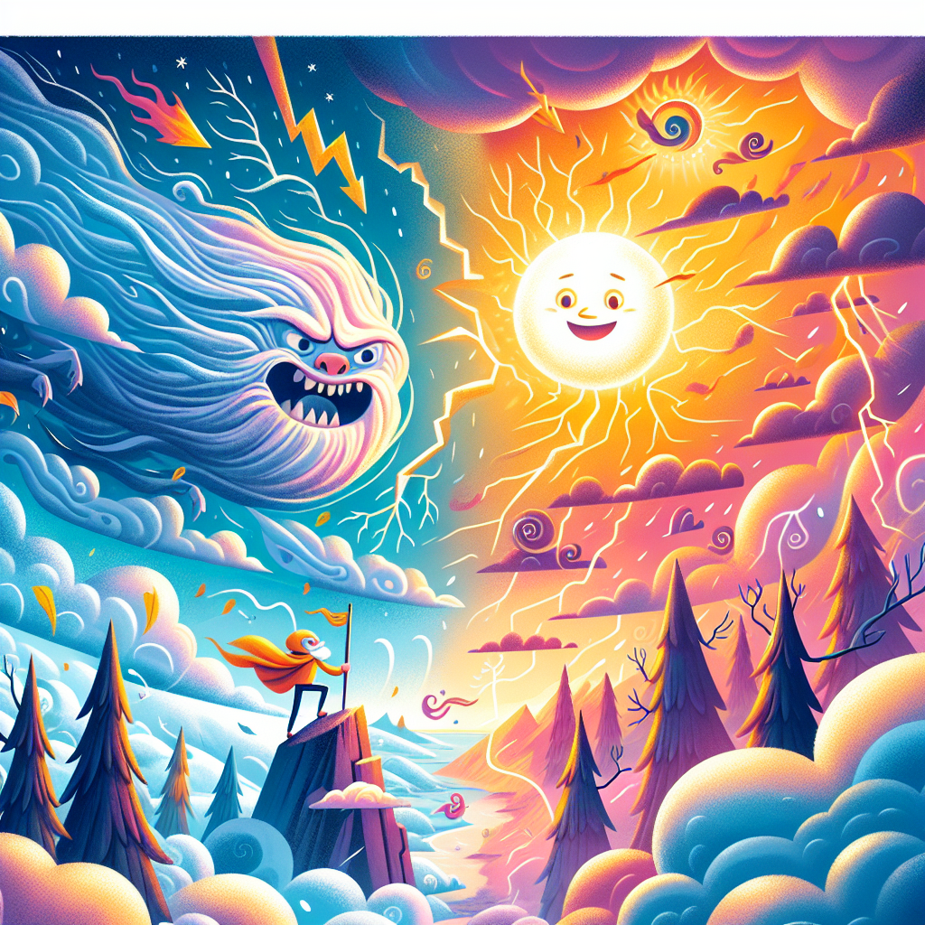 Colorful children's illustration for the story: The Wind and the Sun
