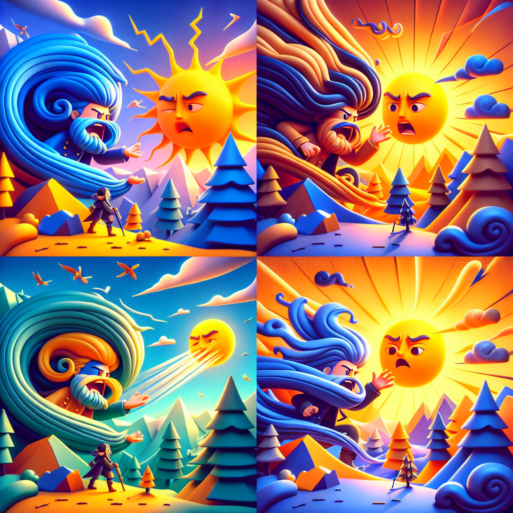 Colorful cartoon storyboard showing 8 key scenes from The Wind and the Sun