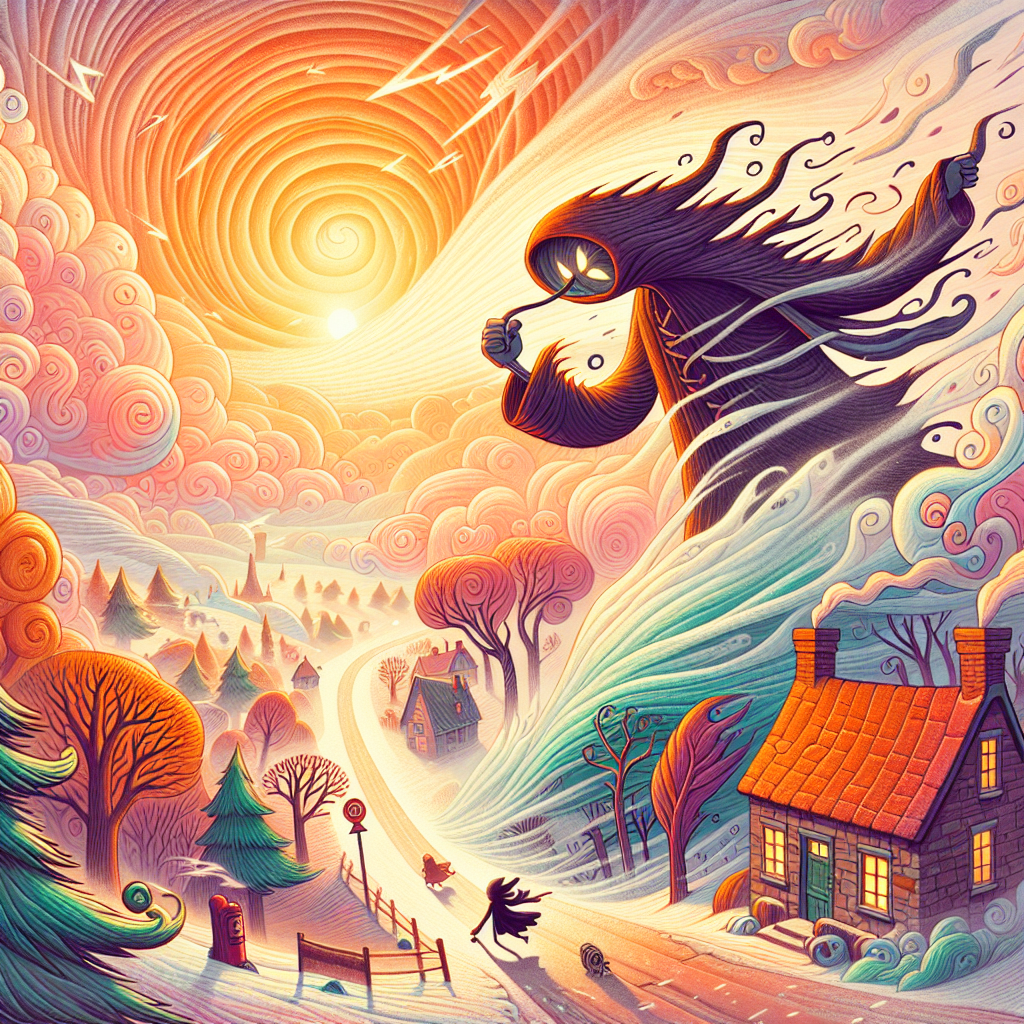 Colorful children's illustration for the story: The North Wind and the Sun