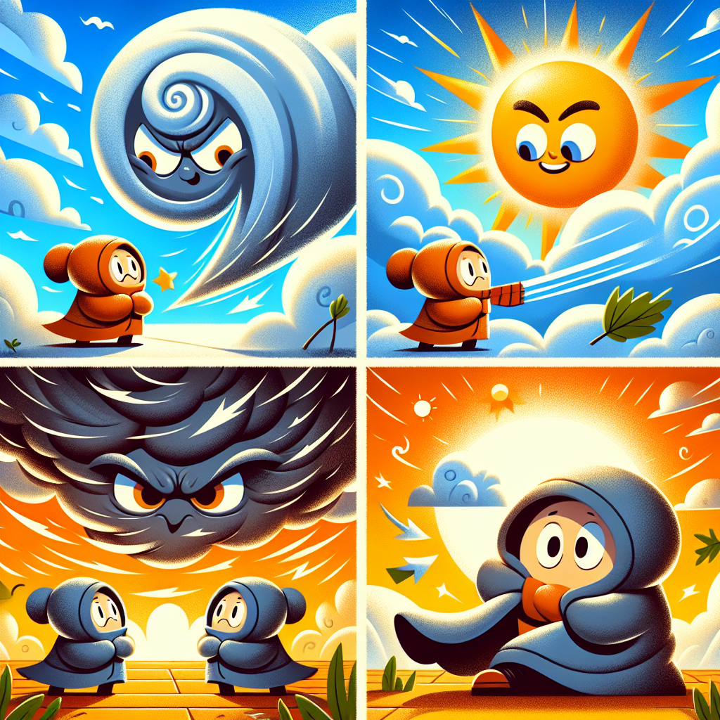 Colorful cartoon storyboard showing 8 key scenes from The North Wind and the Sun