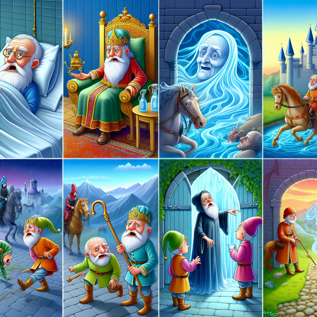 Colorful cartoon storyboard showing 8 key scenes from The Water of Life
