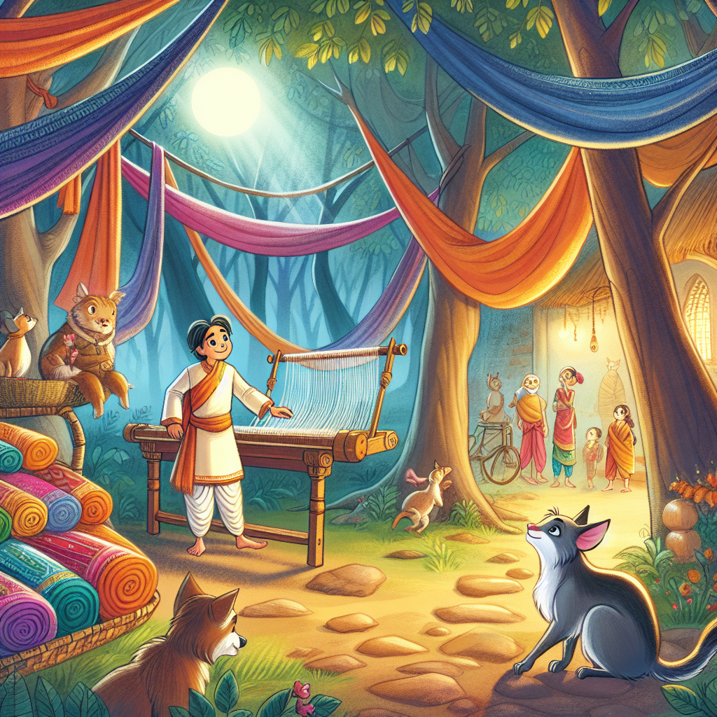 Colorful children's illustration for the story: The Weaver and the King