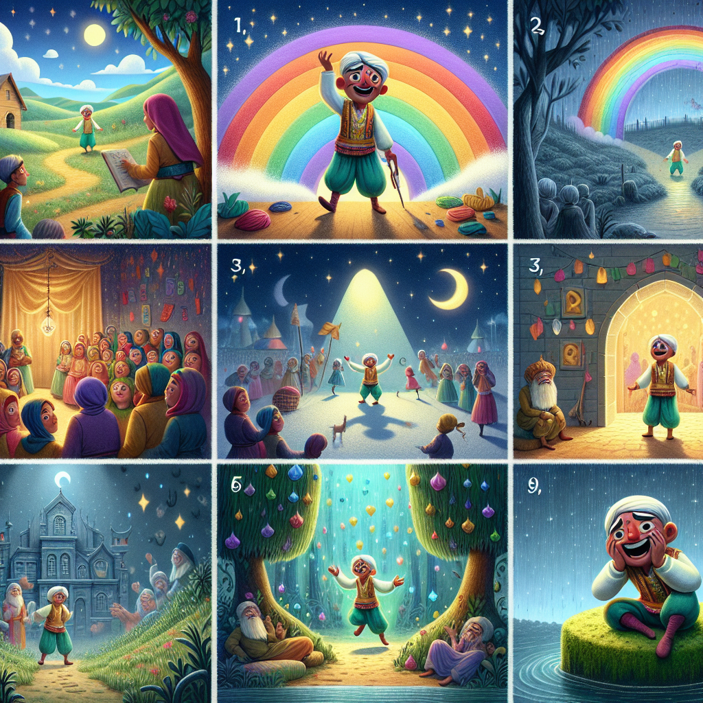 Colorful cartoon storyboard showing 8 key scenes from The Weaver and the King
