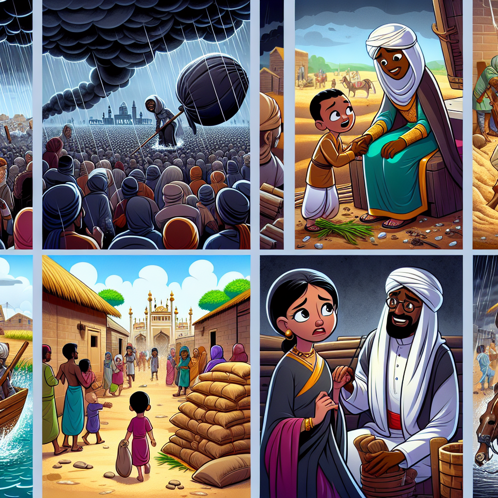 Colorful cartoon storyboard showing 8 key scenes from The Weight of Injustice
