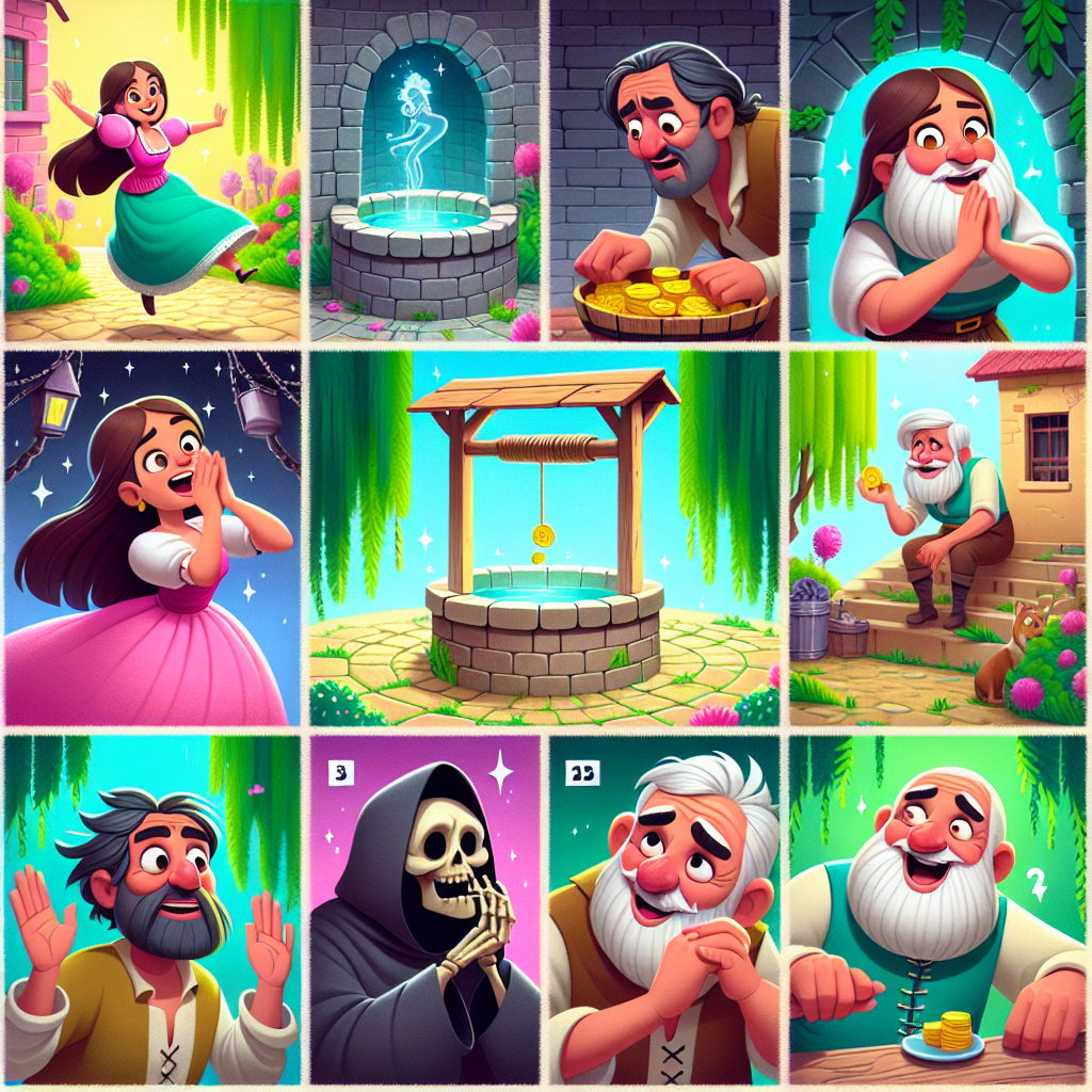 Colorful cartoon storyboard showing 8 key scenes from The Well of Truth