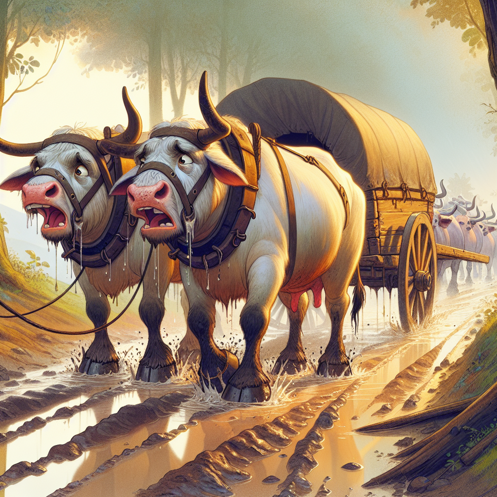 Colorful children's illustration for the story: The Oxen and the Wheels