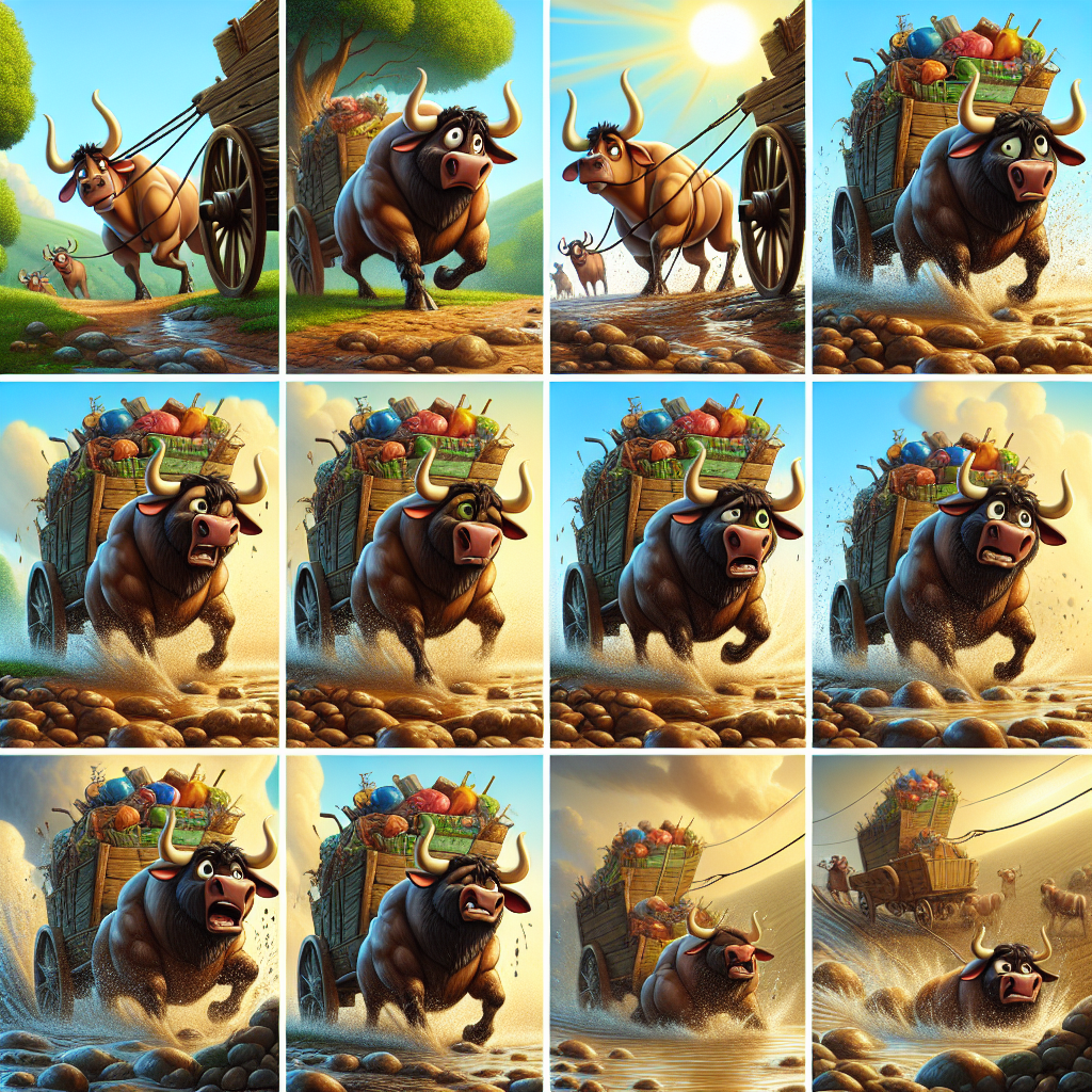 Colorful cartoon storyboard showing 8 key scenes from The Oxen and the Wheels
